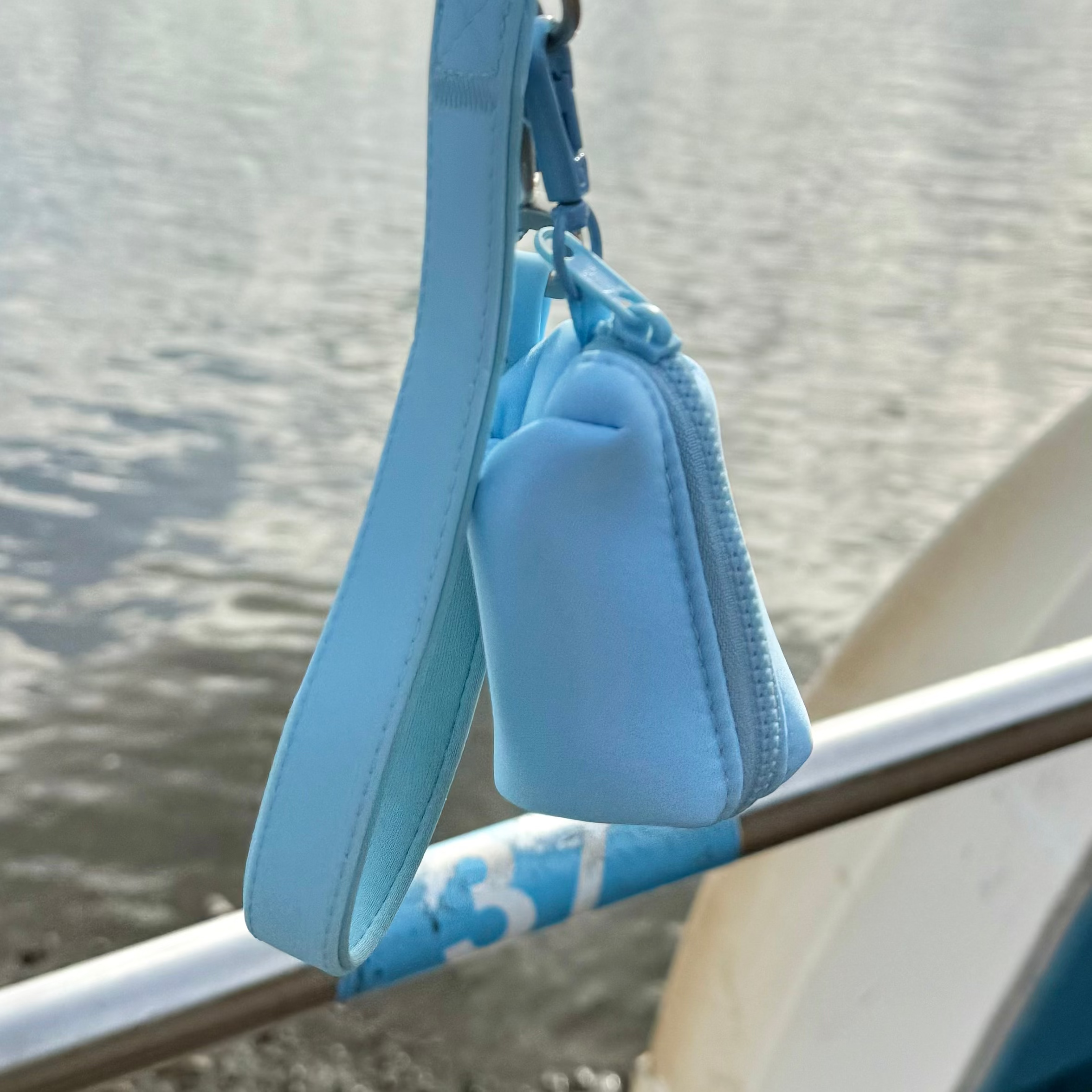 Blue dog leash and pouch hanging on a railing with a waterfront background